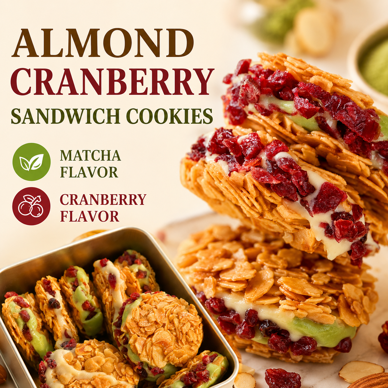 🍪✨Crispy Sandwich Cookies ‖ Matcha & Cranberry Flavor Treat - Skye